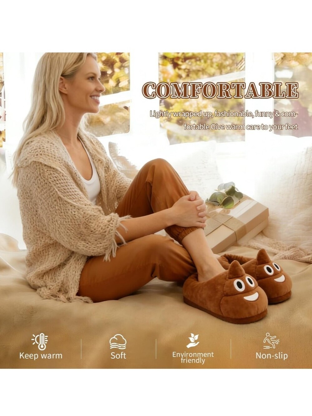 Novelty Poop Emoji Plush Slippers - Brown - Picture 3 of 9
